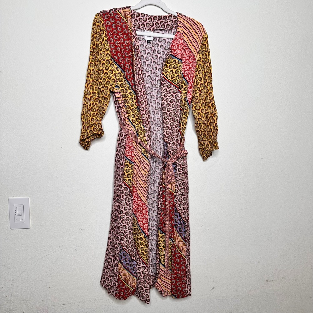 Cabi Mixed Print Patchwork Duster Cardigan Small Multicolor Tie Waist Pockets